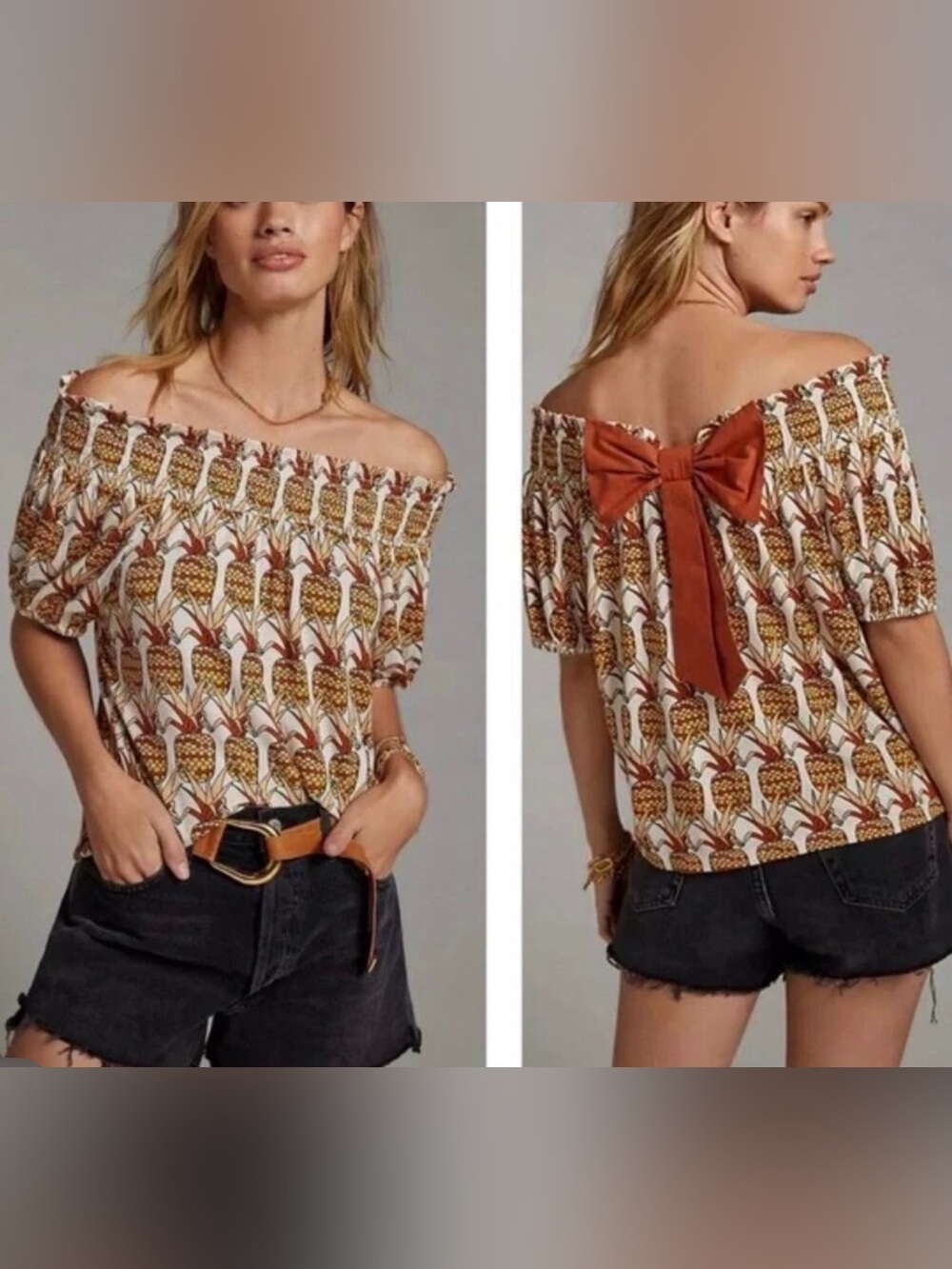 Anthropologie Porridge Pineapple Print Smocked Puff Sleeve Top XS NWT
